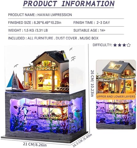 Spilay Miniature Dollhouse Kit with Furniture,DIY Dollhouse Kit Mini Modern Villa Model Plus Dust Cover and Music Box,1:24 Scale Creative Room Idea for Adult Birthday Gift(Hawaii Impression) - Image 2