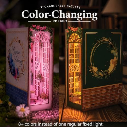 2-in-1 Book Nook Kit – Garden Library NOOKBOOX by ROSELYZIA – DIY Miniature House Craft Kit Dollhouse and 3D Wooden Puzzle with Color-Changing LED Light – Bookshelf Decor Gift for Adults & Teens - Image 5