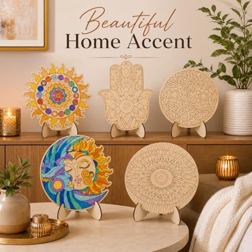 byvood 5 Pack Mandala Painting Set, Wooden Mandala Coloring Set with Markers, DIY Unfinished Wood Cutouts, Paint Your Own Wood Craft for Adults, Home Classroom Table Decor - Image 2