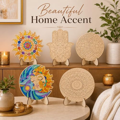 byvood 5 Pack Mandala Painting Set, Wooden Mandala Coloring Set with Markers, DIY Unfinished Wood Cutouts, Paint Your Own Wood Craft for Adults, Home Classroom Table Decor - Image 2