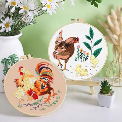 ERKOON 3 Sets Embroidery Kit, Floral Cross Stitch Set for Include Embroidery Cloth Hoops Threads for Craft Lover Hand Stitch (Rooster) - Image 6