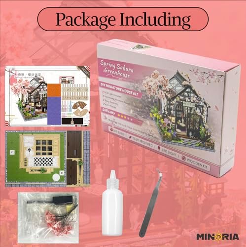 MINORIA Sakura Greenhouse DIY - Miniature House Building Kit-3D Wooden Cherry Blossom Dollhouse with Acrylic Dust Cover - LED Light - Image 7