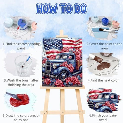 RICUVED Truck Paint by Numbers for Adults, Independence Day Paint by Numbers Kit for Adults Beginners, Flowers DIY Acrylic Flag Oil Painting on Canvas Easy for Gift Home Wall Decor 16x20 Inch - Image 5