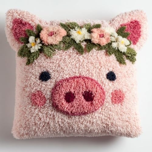 DIY Latch Hook Pillow Kit Cute Pig Portrait in Flowers 43x43cm-12 by Unknown