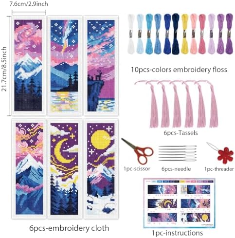 INFUNLY 6 Pack Night Scenery Cross Stitch Bookmark Kit, Dark Mountain Moon Sky Landscape, Stamped Pre-Printed Embroidery Set for Adults Beginners, DIY Craft Gift - Image 3