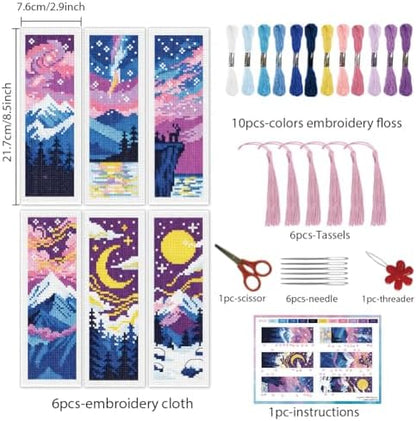 INFUNLY 6 Pack Night Scenery Cross Stitch Bookmark Kit, Dark Mountain Moon Sky Landscape, Stamped Pre-Printed Embroidery Set for Adults Beginners, DIY Craft Gift - Image 3