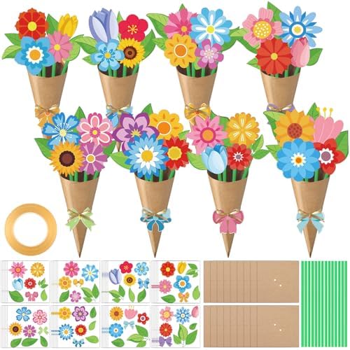 Motipuns 48 Set Spring Bouquet Flower Craft Kit Mother's Day DIY Flower Bow Paper Crafts Colorful Bouquets Make Your Own Teacher Appreciation Gifts for Spring Handmade Project Home Activities by Motipuns