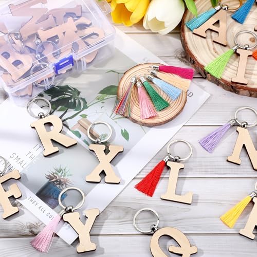 Tondiamo 52 Pcs Personalized Letter Keychain Wood Engraving Blanks Keyring Name Keychain with Tassel Container for DIY Craft - Image 4
