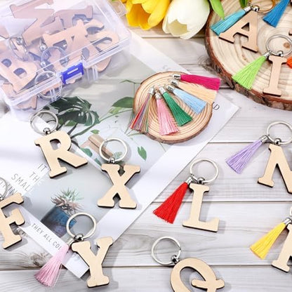 Tondiamo 52 Pcs Personalized Letter Keychain Wood Engraving Blanks Keyring Name Keychain with Tassel Container for DIY Craft - Image 4