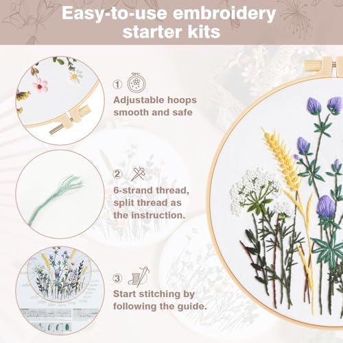RidaaFri Embroidery Kit for Beginners, 3 Set Flower Pattern Practice Kits - Image 4