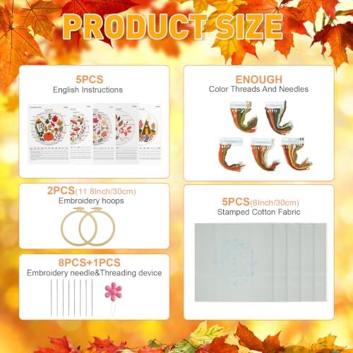 5 Sets Fall Embroidery Kit for Beginners Adults Embroidery Starter Kit Mushroom Maple Leaf Autumn Cross Stitch Kits Embroiderys Needlepoint Kits Include Instruction 2 Hoops Color Threads Needles - Image 2