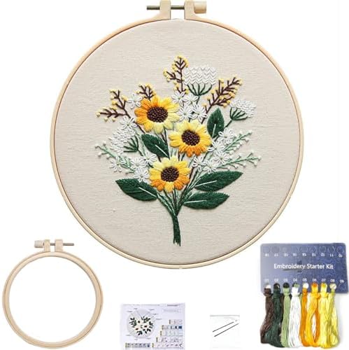 FONNUY Embroidery Kit for Beginners，Plants Flowers Pre-Stamped Pattern Kits for Adults with Hoop, Easy to Follow Needlework (Sunflower) by FONNUY