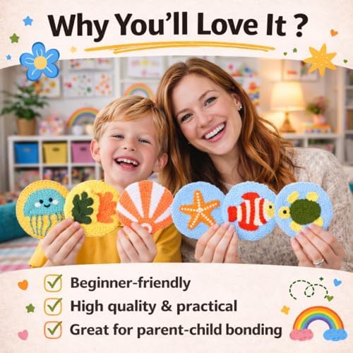 Punch Needle Coaster Kit for Adults Beginners, Easy Punch Embroidery Starter Set with Instructions – Fun Mug Rug Making Kit for Table Decor & Festival DIY Gifts (6pcs Marine Life) - Image 5