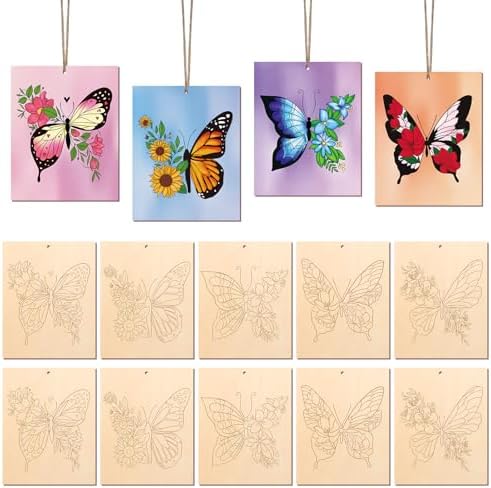 COCHIE 10 Pieces Large Spring Butterfly Unfinished Wood Crafts to Paint for Adults, Bulk Predrilled Wooden Ornaments for Painting, Butterflies Paintable Wood Slices Craft Supplies with Ropes by COCHIE