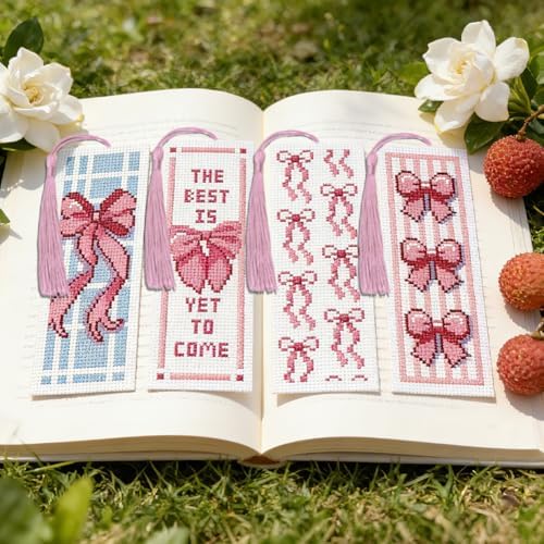 ACRNIGHEET 6PCS Cross Stitch Bookmark Kit for Beginner Cute Pink Bow Stamped Cross Stitch Kits Needlepoint Kit for Adults DIY Tassel Embroidery Bookmark Kits with Instructions Craft Gift 8.5"x3" 11CT - Image 6