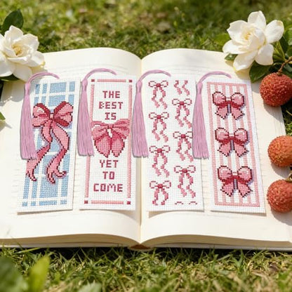 ACRNIGHEET 6PCS Cross Stitch Bookmark Kit for Beginner Cute Pink Bow Stamped Cross Stitch Kits Needlepoint Kit for Adults DIY Tassel Embroidery Bookmark Kits with Instructions Craft Gift 8.5"x3" 11CT - Image 6
