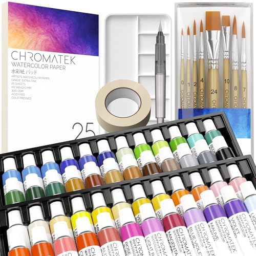 CHROMATEK Watercolor Paint Set - 84 Piece Kit for Adults, Beginner & Professional Artists - 48 Tubes (12ml), 25 Page Sketch Paper Pad, 8 Painting Brushes, Aquapen, Palette, Masking Tape - Art Supplies by Chromatek