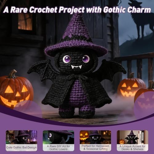 Morcolplus Bat Crochet Kit for Adults, Intermediate Gothic Amigurumi Crochet Kit with Step-by-Step Video Tutorials and All Materials Included, Gothic Room Decor Gift - Image 2