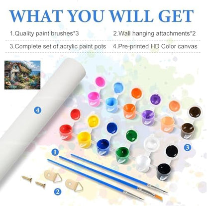 KYOQFVN Riverside Cottage Paint by Numbers Kit for Adults Beginner - Easy Acrylic Adult Painting Kits on Canvas, Flower Paint by Number Kits for Home Decor 16x20inch - Image 3