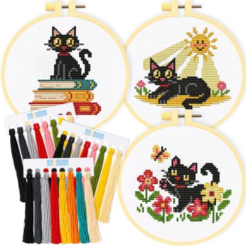 Stamped Cross Stitch Kits for Beginners Adults Kids, 3 Cat Designs, Hoop by Kraftex