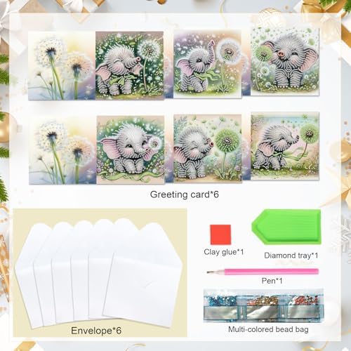 AiYuanzsh 6 Pack Diamond Art Greeting Card Kits with Envelopes, Special Shaped Diamond Painting Cards, DIY Rhinestone Diamond Art Cards for Birthday Christmas Holiday (Elephant and Dandelion) - Image 2