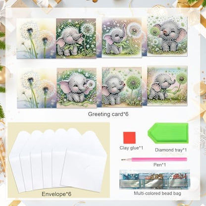 AiYuanzsh 6 Pack Diamond Art Greeting Card Kits with Envelopes, Special Shaped Diamond Painting Cards, DIY Rhinestone Diamond Art Cards for Birthday Christmas Holiday (Elephant and Dandelion) - Image 2