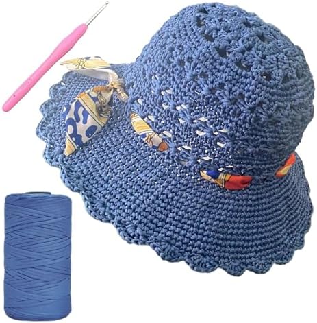 SHENJILL Crochet Kit for Beginners with Crochet Yarn Women Sun Straw Hat Beginner Knitting Kit for Adults Easy Starter Yarn Kits for Crocheting Easy-to-Follow Instructions (Grey Blue) by SHENJILL