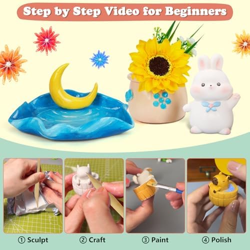UHAPEER Air Dry Clay Kit for Adults, Pottery Set for Beginners with Clay, Sculpting Tools, Varnish, Pottery Paint, Step-by-Step Guide & Video, Gift for Arts Crafts Lover - Image 5