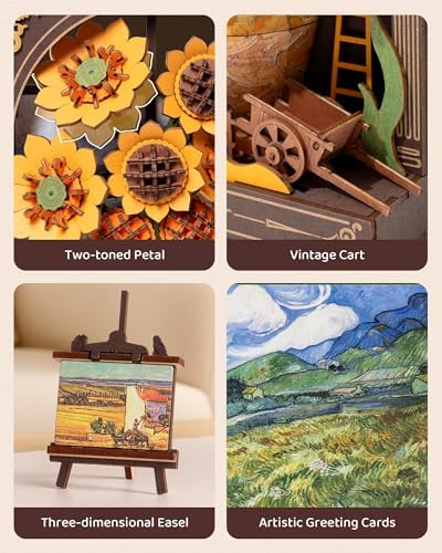 3D Wooden Puzzles for Adults - Van Gogh Golden Sunflower DIY Model Building Kits with LED Light - Gifts for Mothers Day - Home Decor, Wall Art & Unique Creative Gifts for Art Lovers/Men/Women - Image 4