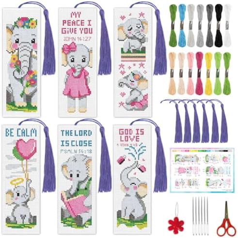 INFUNLY 6 Pcs Cute Elephant Cross Stitch Bookmark Kit with Tassels, Stamped Pre-Printed Bible Verse Embroidery for Adults Beginners, DIY Floss Scissors Needles Tool Set, Craft Gift for Book Lovers by INFUNLY