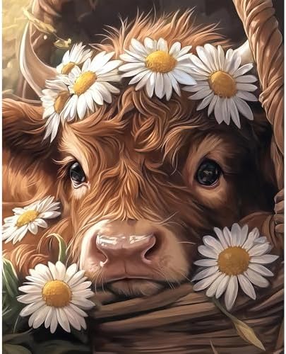 Natuyalo Animals Paint by Numbers Kits for Adults, Baby Cattle in Basket Paint by Numbers Kits, Daisy Flowers Adult Paint by Number Kits on Canvas, Acrylic Painting for Home Wall Decor (16x20 inch) by Natuyalo