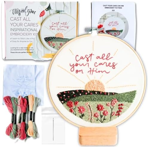 Elly & Grace Christian Embroidery Kit with Embroidery Hoop, Easy Embroidery Kit for Beginners and Adults, Full Embroidery Hoop Kit with Needles and Thread Included (Cast All Your Cares) by Elly+and+Grace