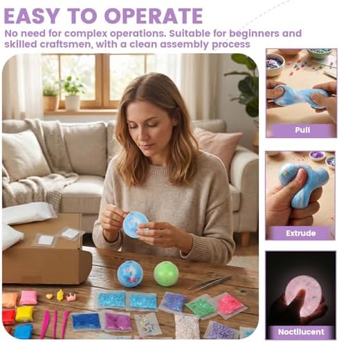DIY Stress Ball Making Kit, ASMR Anxiety Relief Squishy Maker Set with 9 TPR Skins, 12 Colors Air Dry Clay & Glitters Fillers, Professional Sensory Toy for Adults Office Women Self-Care Gifts - Image 4