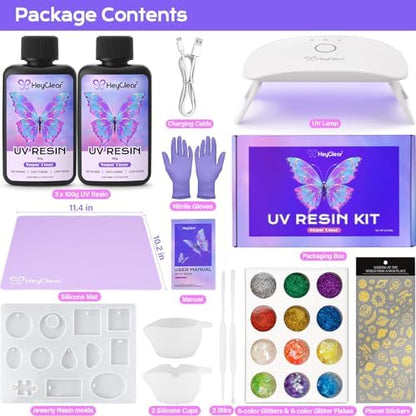 HeyClear UV Resin Kit 200g with UV Light, Molds and Casting Tools -Super Clear, Hard, Low Odor, Premixed and Fast Curing UV Glue for Coating, Jewelry Making, DIY Craft Decorations - Image 2