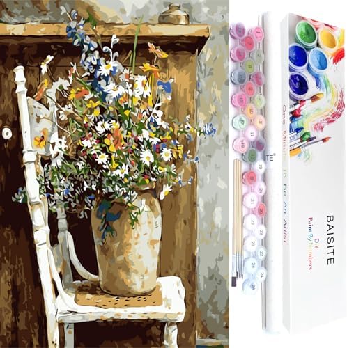 BAISITE Paint by Numbers Kit for Adults Beginners,20" Lx16 W Canvas for Painting Kits for Adults in Colorful Box Daisy Vase-BSC003 by PaintbyNumbersKitsforAdults