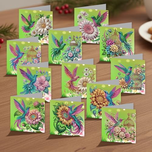 jinglinhh 12pcs Hummingbird Sunflower Diamond Art Painting Greeting Cards with Envelopes, DIY Card Making Kits for Adults, Diamond Art Christmas Cards for Birthday Holiday Postcards Craft Gifts - Image 4