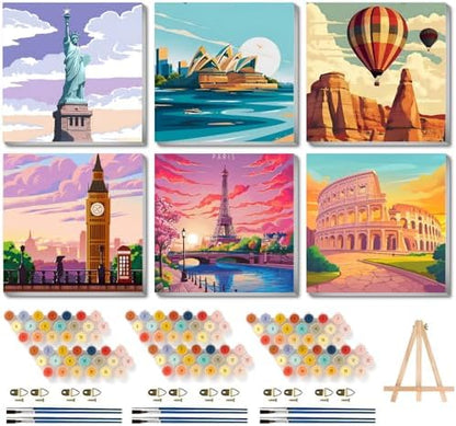 Canrichshop 6 Packs Paint by Numbers Kit for Adult Framed,City Landscape DIY Paint by Number on Canvas with Wooden Easel,Acrylic Oil Famous Buildings Painting Kit Adults for Decor 8x8inch by Canrichshop