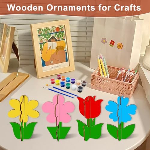 24PCS 3D Flower Spring Wood Crafts to Paint for Kids Adults, 4 Styles Unfinished Wood Crafts to Paint, Flowers Ornaments for Painting Decorations, Easy Crafts for Kids/Adults/Seniors - Image 7