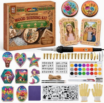JJRING Wood Burning Kit - 62PCS Professional Wood Burning Tool With Adjustable Temperature Pyrography Pen, 24-Color Paint Set, Wood Slices & Stencils, Complete Wood burner Crafts Kit For Beginners by JJRING