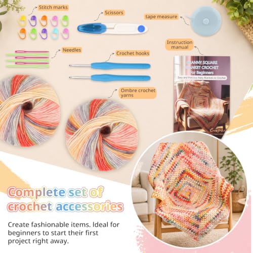 Coopay Crochet Kit for Beginners, Variegated Granny Square Blanket Kit - Image 5