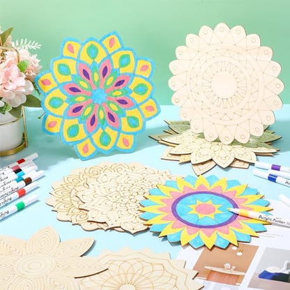 Vercraft 22 Pcs Wooden Mandala Painting Set 10 Cutouts 12 Markers, Artsy - Image 4