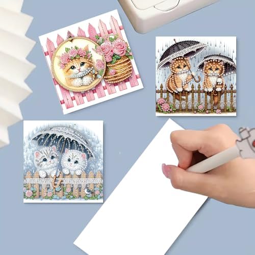 6pcs Rose Cats with Umbrella Diamond Art Painting Greeting Cards Kit with Envelopes, 5D DIY Special Shaped Card Making Kits for Adults, Holiday Birthday Postcards, Creative Craft Gifts - Image 7