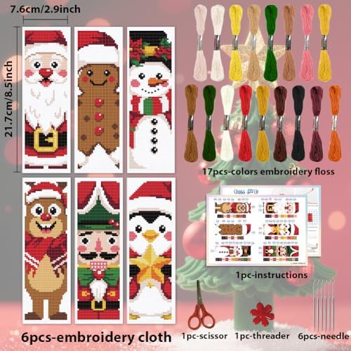 ACRNIGHEET 6PCS Christmas Cross Stitch Bookmark Kit for Beginner Stamped Cross Stitch Kits for Adults DIY Embroidery Bookmark Kits with English Instructions Hand Craft Gift 8.5''x3'' 11CT - Image 2