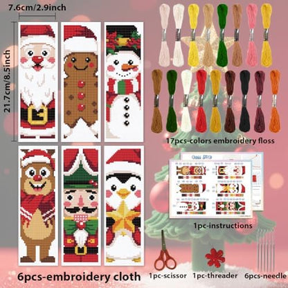 ACRNIGHEET 6PCS Christmas Cross Stitch Bookmark Kit for Beginner Stamped Cross Stitch Kits for Adults DIY Embroidery Bookmark Kits with English Instructions Hand Craft Gift 8.5''x3'' 11CT - Image 2
