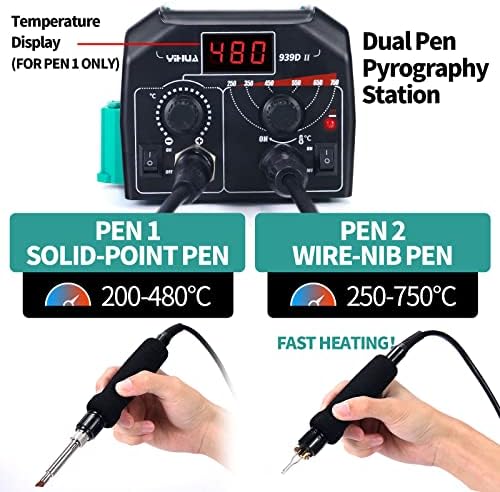 YIHUA 939D-II Pyrography Pen Wood Burning Kit Station (Green) 2-in-1 Solid-Point 200~480°C (with Temp Display)/Wire-Nib 250~750°C Bundle with YIHUA Solid-Point Pen Tip Converter Set 5PCS - Image 4