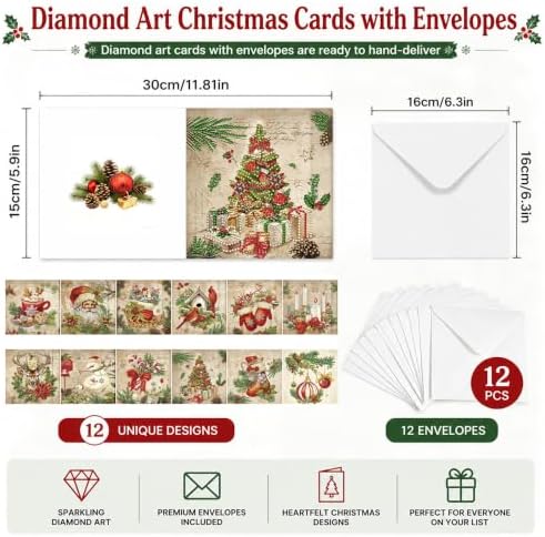NUOFIX 12 PCS Diamond Art Christmas Cards with Envelopes, Christmas Crafts for Adults, Diamond Painting Kits for Card Making, Holiday DIY Kits (Brown) - Image 2