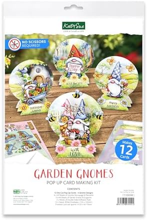 Katy Sue Garden Gnomes Die-Cut Pop-Up Card Making Kit for Adults. Makes 12 Cards & Contains Gnome/Gonk Die-Cut Decoupage Paper Sheets, Supports, Envelopes & Foam Pads for Card Making Supplies by KatySue