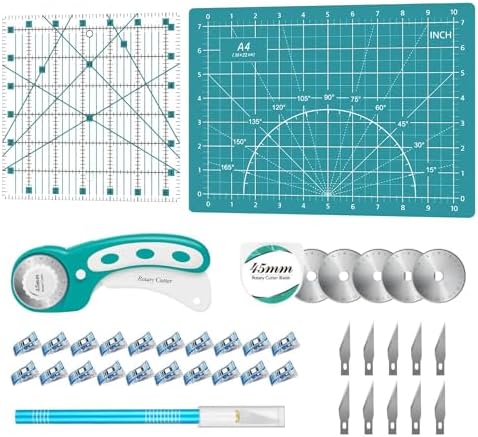 39 Pcs Rotary Cutter Set- Quilting Kit incl. 45mm Fabric Cutter with 5 Extra Blades, A4 Cutting Mat, 2 Craft Knife Set, Ideal for Crafting, Sewing, Patchworking Turquoise by HeadleyTools