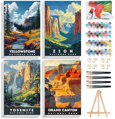 4 Pack Framed Paint by Numbers Kit for Adults with Wooden Easel, 8x12 Inch by Offito