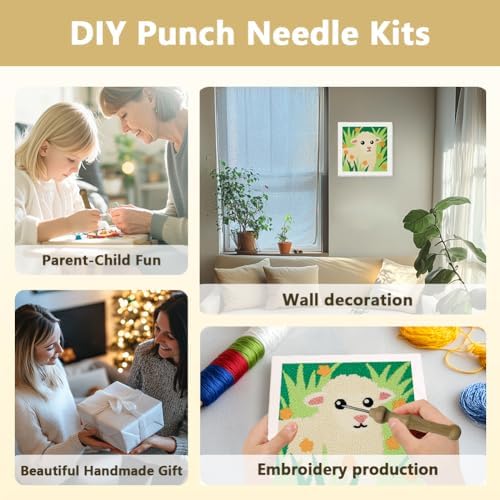 DOODLREAM Lamb Grass DIY Punch Needle Embroidery Kit for Adult Beginner, 9.4" Sheep Flowers Animal Punch Stitching Craft Set for Starter with Frame, Fabric Pattern, Threader, Yarn, Pinch Needle - Image 4